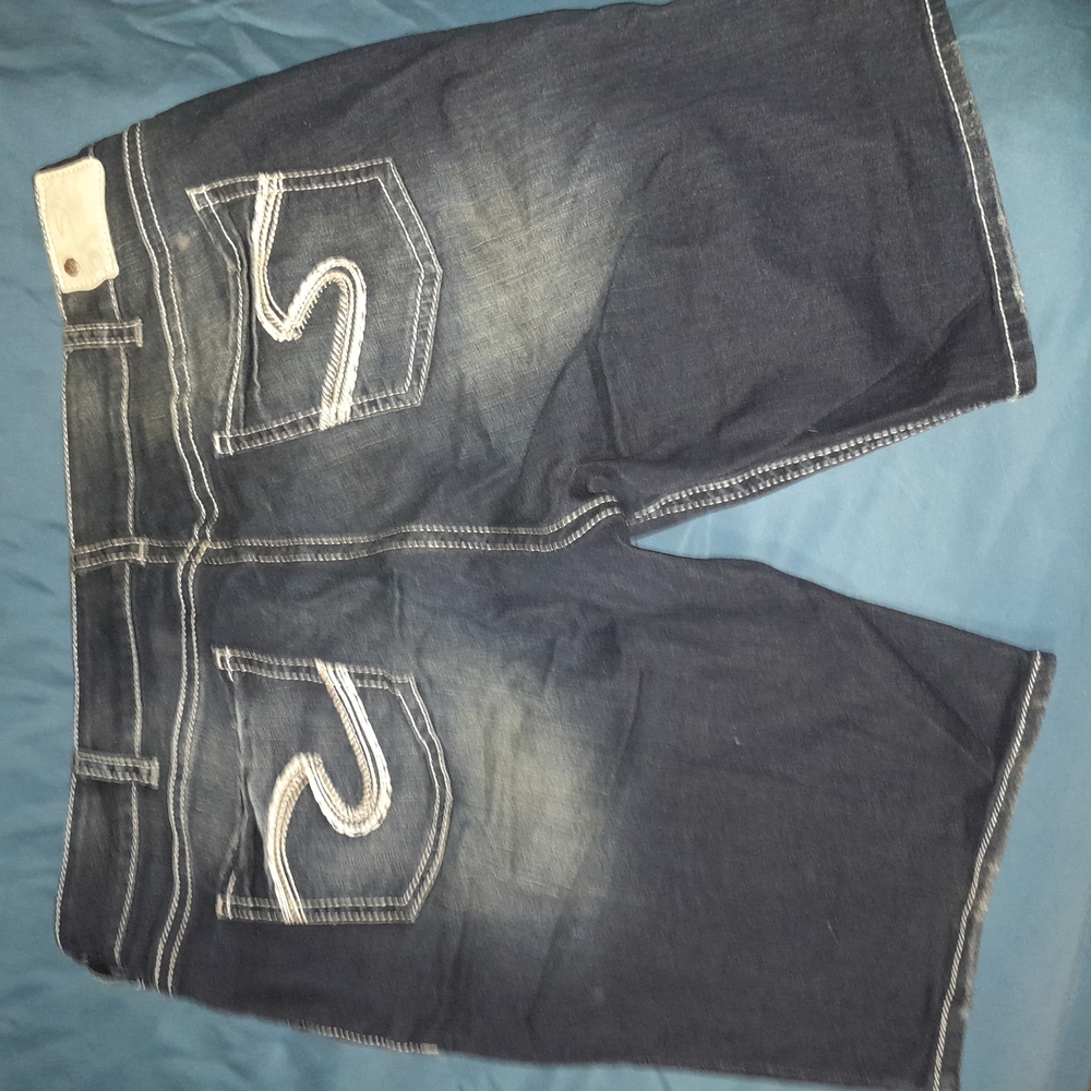Dark Blue Distressed Jean Shorts with Silver Stitching